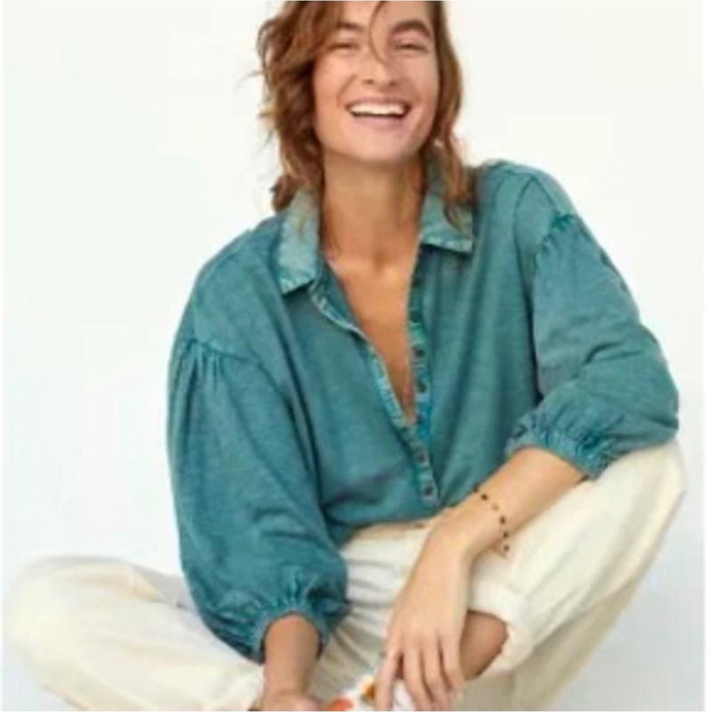 Pilcro Anthropologie Buttoned Ballon Sleeve Blouse Henley Acid Wash Teal Medium